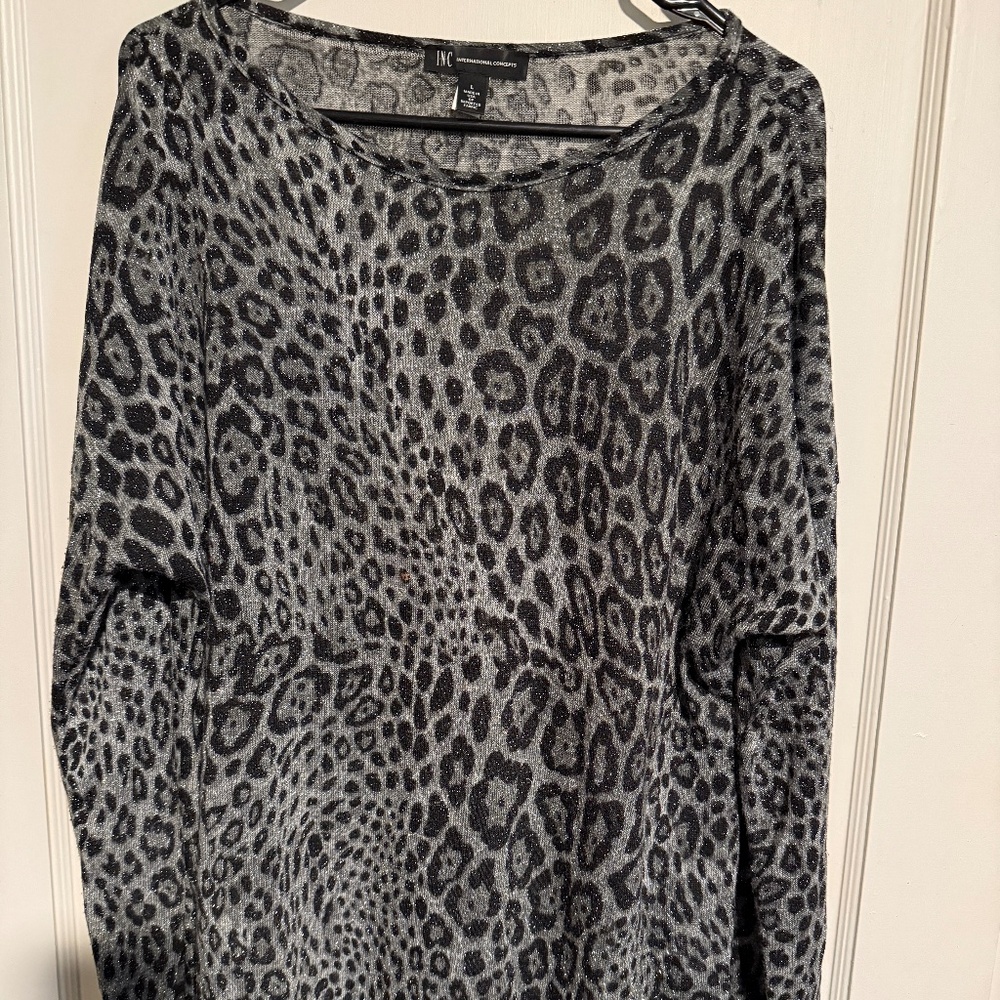 INC. Brand Metallic Snow Leopard Print Long Sleeve Top